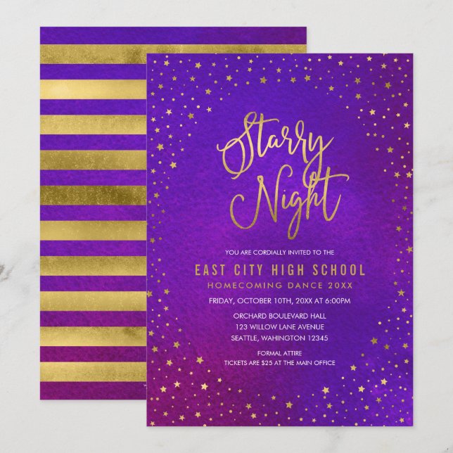 Invitation Nuit étoilée violet aquarelle or faux danse scolai (Devant / Derrière)