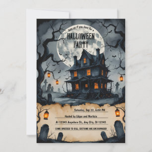 Invitation Nuit Hantée d'Halloween, Pleine lune, Effrayant