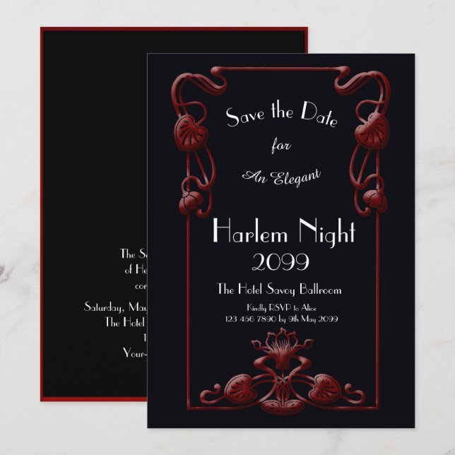 Invitation Nuit HARLEM, Noir, ROUGE, Blanc, Floral, Art Déco (Devant / Derrière)