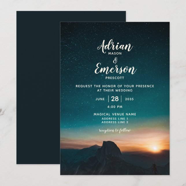 Invitation Nuit moderne Sky Mountain Sunrise Mariage Turquois (Devant / Derrière)