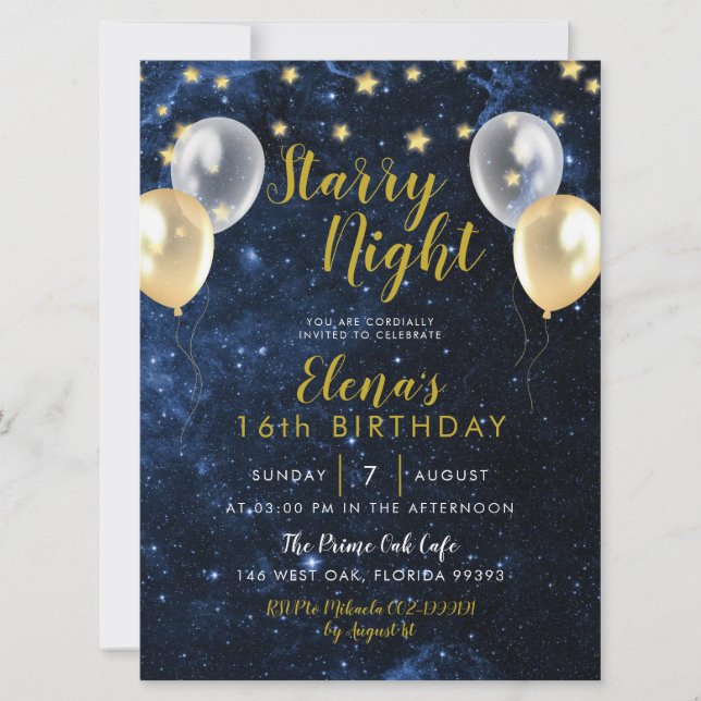 Invitation Nuit sous les étoiles Sweet 16 Anniversaire Invita (Devant)