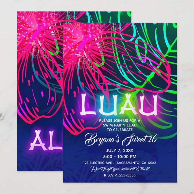 Invitation Nuit tropicale Luau électrique Neon Aloha Party (Devant / Derrière)