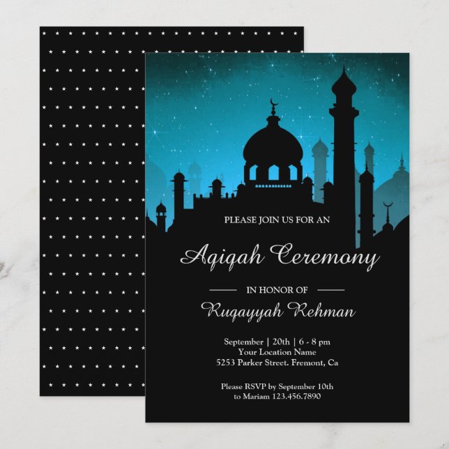 Invitation Nuit turquoise Sky Arabian Nights Aqiqah (Devant / Derrière)