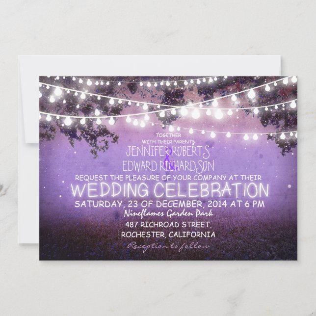 Invitation nuit violet et lumières de jardin mariage rustique (Devant)