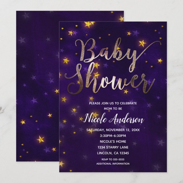 Invitation Nuit violet et or sous le Baby shower des étoiles (Devant / Derrière)