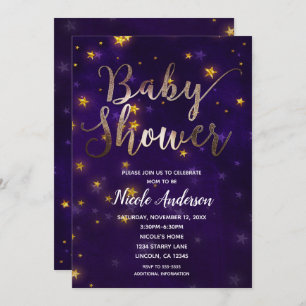 Invitation Nuit violet et or sous le Baby shower des étoiles