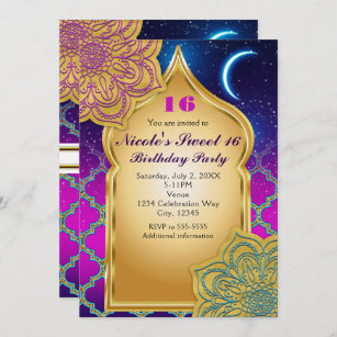 Invitation Nuits arabes Glam Gold Purple Birthday Party