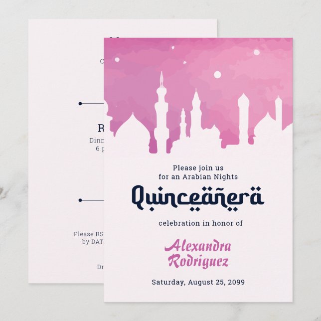 Invitation Nuits roses Arabes Aquarelle Quinceañera (Devant / Derrière)