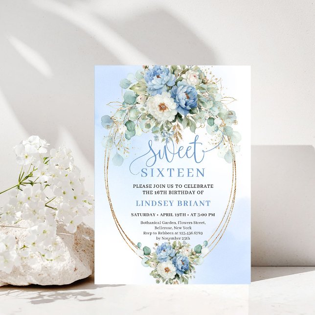 Invitation numérique écriture numérique bleu pouss (Digital Script Dusty Blue Peonies Sweet Sixteen Invite)