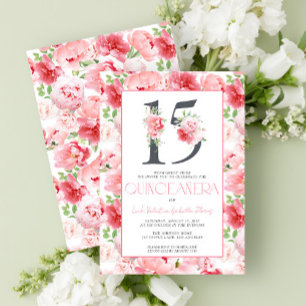 Invitation Numéro 15 Elégant rose Floral moderne Quinceañera