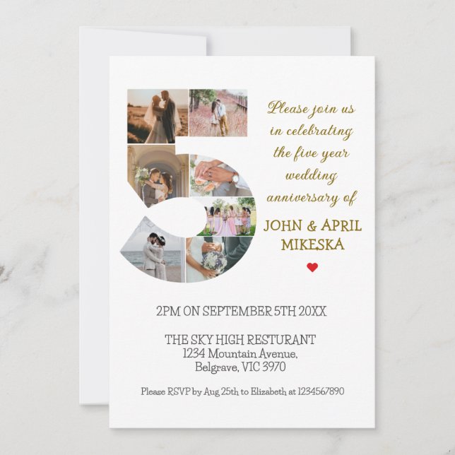 Invitation Numéro Cinq anniversaire de Mariage photo personna (Devant)