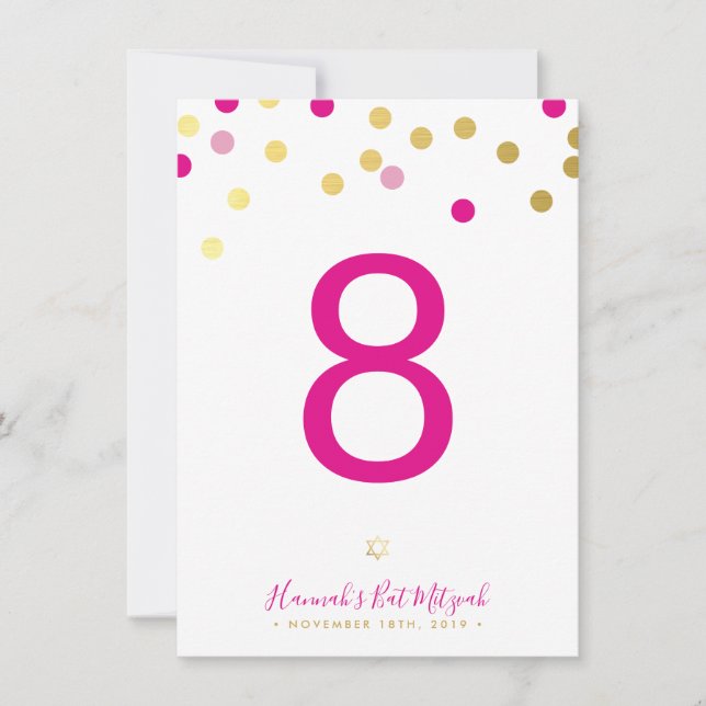 Invitation NUMÉRO DE TABLEAU Bat mitzvah glam confetti or ros (Devant)
