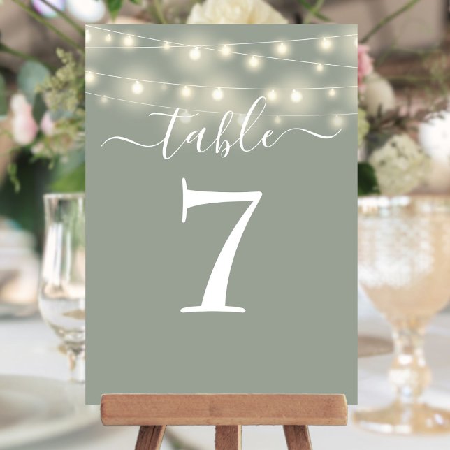 Invitation Numéro de tableau des lumières de chaîne verte Sag (Sage Green String Lights Table Number)