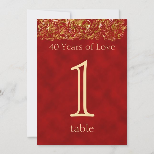 Invitation Numéro de tableau du 40e anniversaire rouge et or (Devant)