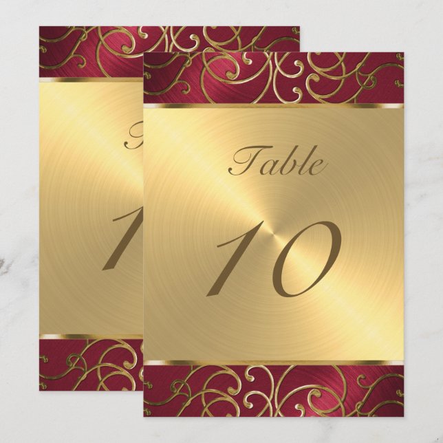 Invitation Numéro de tableau Elegant Rouge et Gold Filigree (Devant / Derrière)