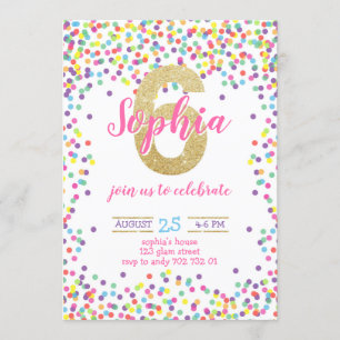 Invitation Numéro d'or Confetti coloré Fille 6e anniversaire