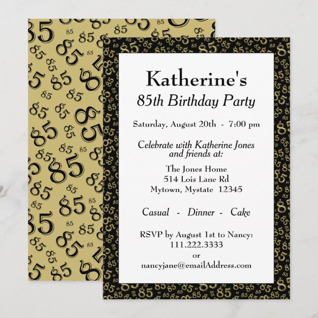 Invitation Numéro Motif 85 Cool Anniversaire Soirée Gold/Noir (Devant / Derrière)
