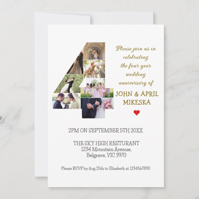 Invitation Numéro Quatre Anniversaire du Mariage photo person (Devant)