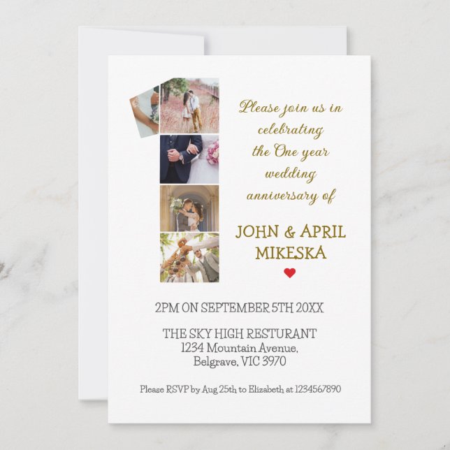 Invitation Numéro un anniversaire de Mariage photo personnali (Devant)