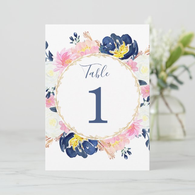 Invitation Numéros de tableau bleu rose jaune floral 5"x7" (Debout devant)