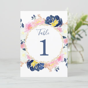 Invitation Numéros de tableau bleu rose jaune floral 5"x7"