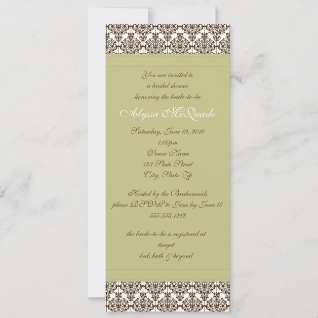 invitation nuptiale de douche de damassé olive (Devant)