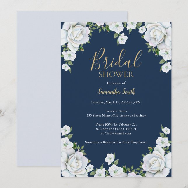 Invitation nuptiale florale bleue et blanche de (Devant / Derrière)