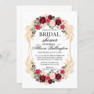 Invitation nuptiale marsala peony rose pampas herb