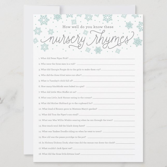 Invitation Nursery Rhyme Game Snowflake Baby shower Game Card (Devant)