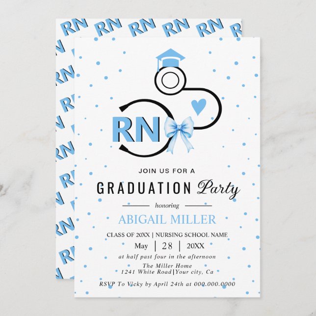 Invitation Nursing shool stethoscope blue RN graduation Invit (Devant / Derrière)
