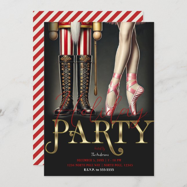 Invitation Nutcracker & Ballerina Black Gold Holiday Party (Devant / Derrière)