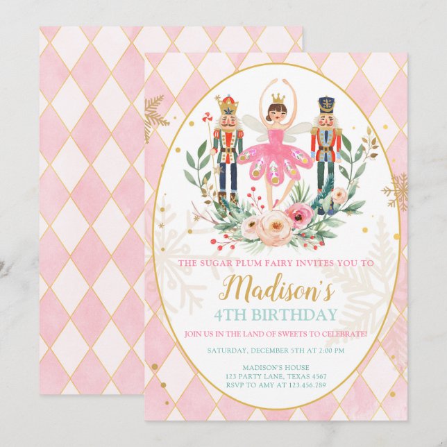 Invitation Nutcracker Birthday Girl Ballet Girl Suger Plum (Devant / Derrière)