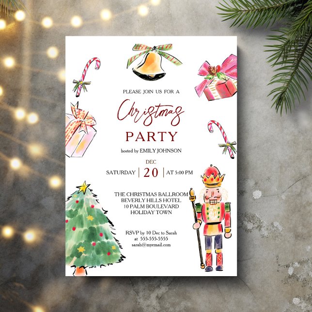 Invitation Nutcracker dessin moderne fête de Noël (Nutcracker modern sketch whimsical Christmas Party Invitation cards template)