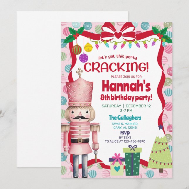Invitation Nutcracker girl Christmas birthday invite. (Devant / Derrière)