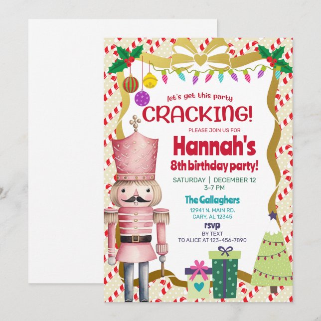 Invitation Nutcracker girl Christmas birthday invite. (Devant / Derrière)