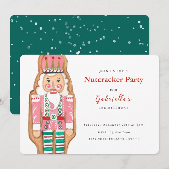 Invitation Nutcracker rose & turquoise hiver neige vacances e (Devant / Derrière)