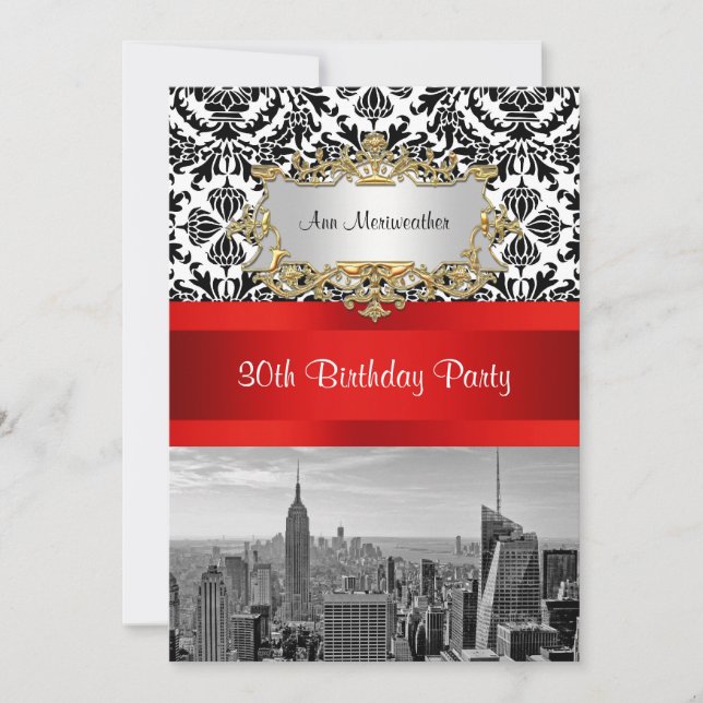 Invitation NY City Skyline BW 432 Damask Birthday Party V (Devant)