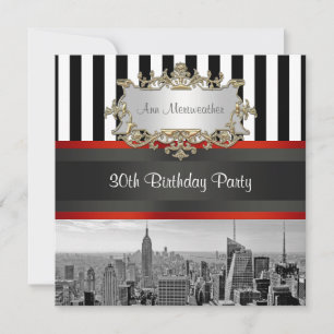 Invitation NY City Skyline BW Black White Stripe Anniversaire
