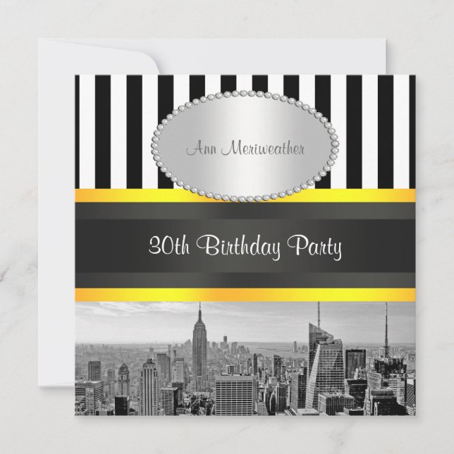 Invitation NY City Skyline BW Blk Wht Strp Jaune Anniversaire (Devant)