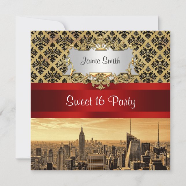 Invitation NY City Skyline Sepia B4 Damask Sweet 16 Invitatio (Devant)
