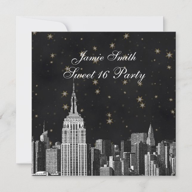 Invitation NYC ESB Skyline Etched Black Starry Sweet 16 (Devant)