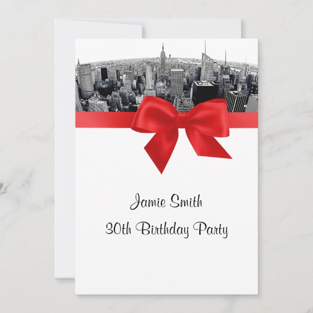 Invitation NYC Etched Fisheye Skyline BW Red Anniversaire (Devant)