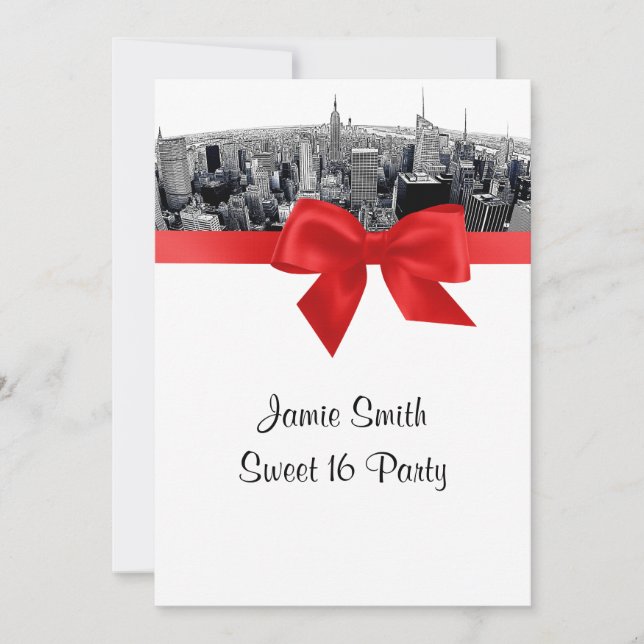 Invitation NYC Etched Fisheye Skyline BW Red Sweet 16 (Devant)