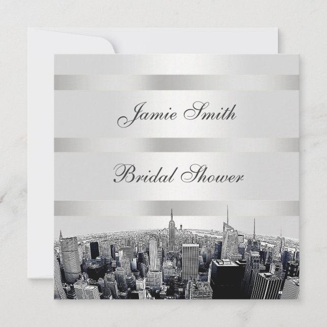 Invitation NYC Etched Skyline 2, Fête des mariées noir blanc (Devant)