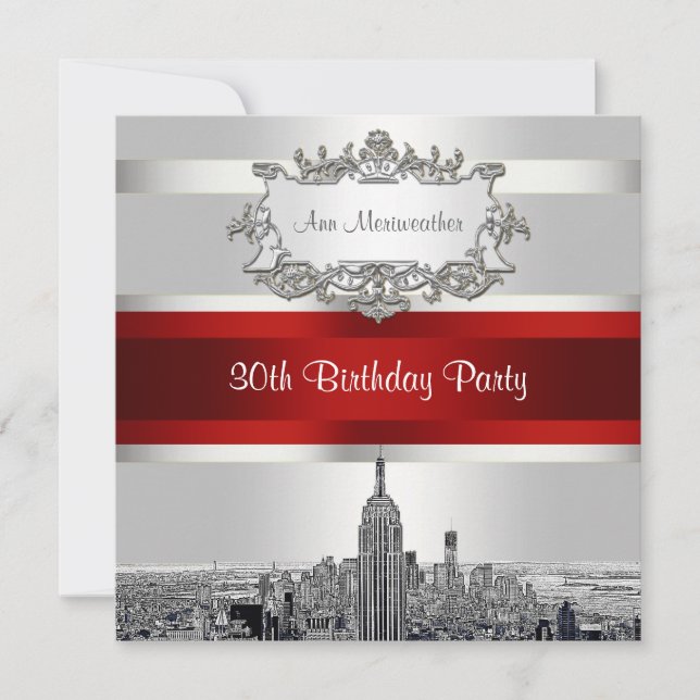 Invitation NYC Etched Skyline, White BG, Red Ribbon Anniversa (Devant)