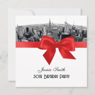 Invitation NYC Gravée Fisheye Skyline NB Rouge Anniversaire S