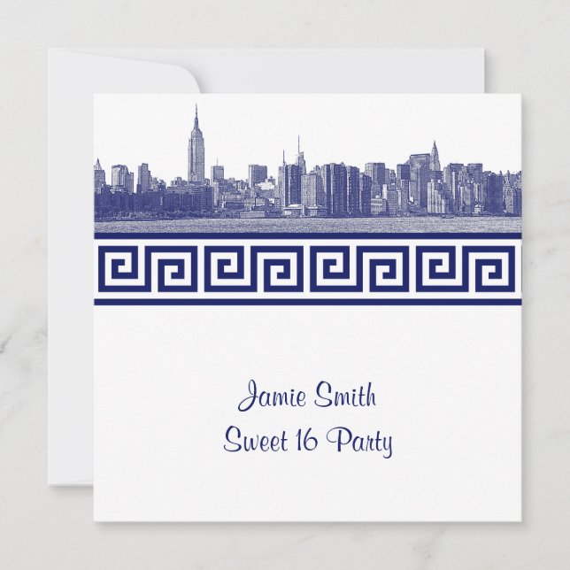 Invitation NYC large Skyline Etch BW GK Sweet sixteen SQ Bleu (Devant)