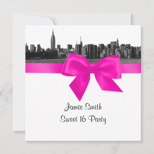 Invitation NYC large Skyline Etch BW Hot Rose Sweet sixteen S