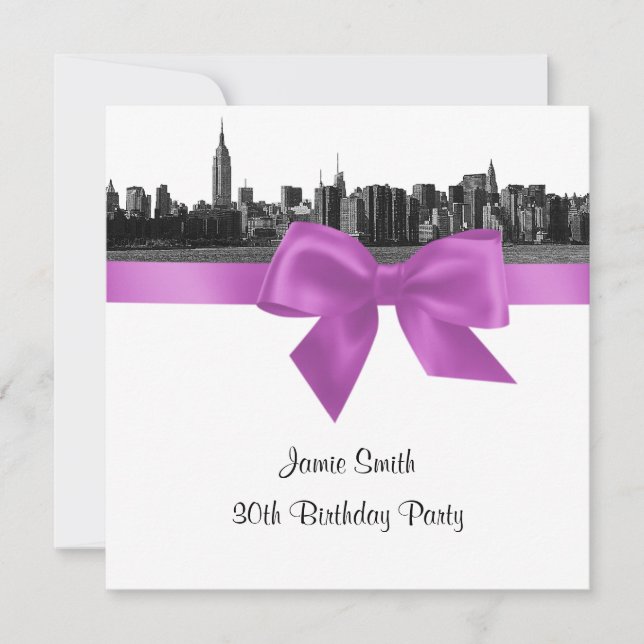 Invitation NYC large Skyline Etch BW Lilac Anniversaire Pty S (Devant)