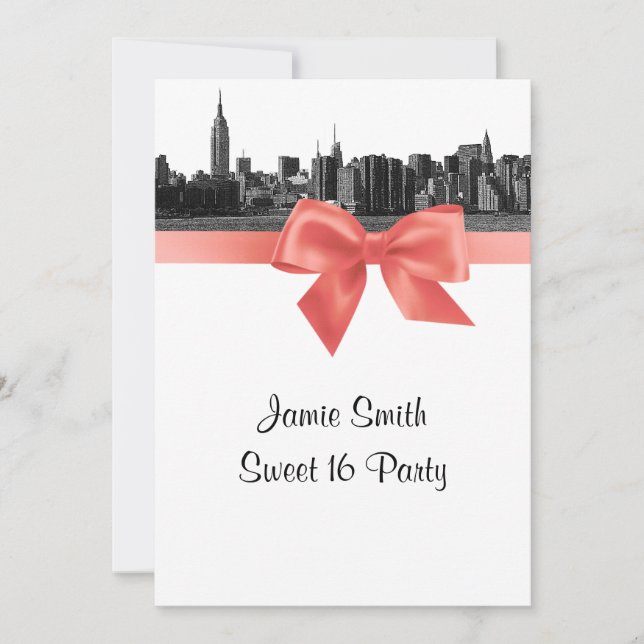 Invitation NYC large Skyline Etched BW Coral Sweet 16 (Devant)